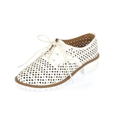 Girls white laser cut lace-up shoes